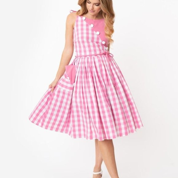 Unique Vintage Pink Gingham Midi Dress - Picture 1 of 7